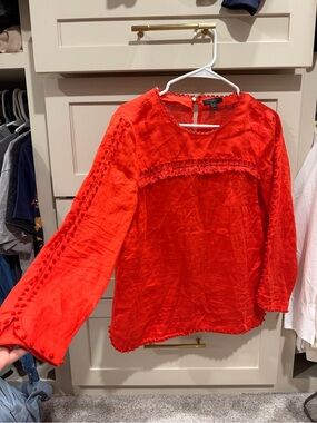 J. Crew Bright Red Textured Long-Sleeve Blouse linen